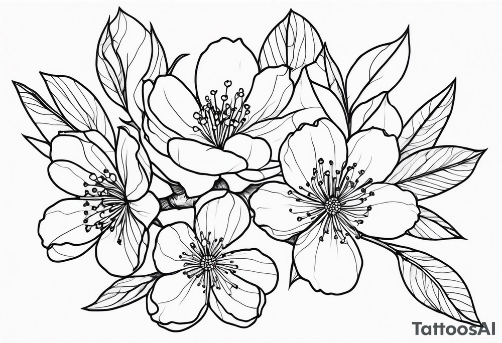 Cherry blossom flowers and branches no color, 3 inches, detailed, dark lines tattoo idea