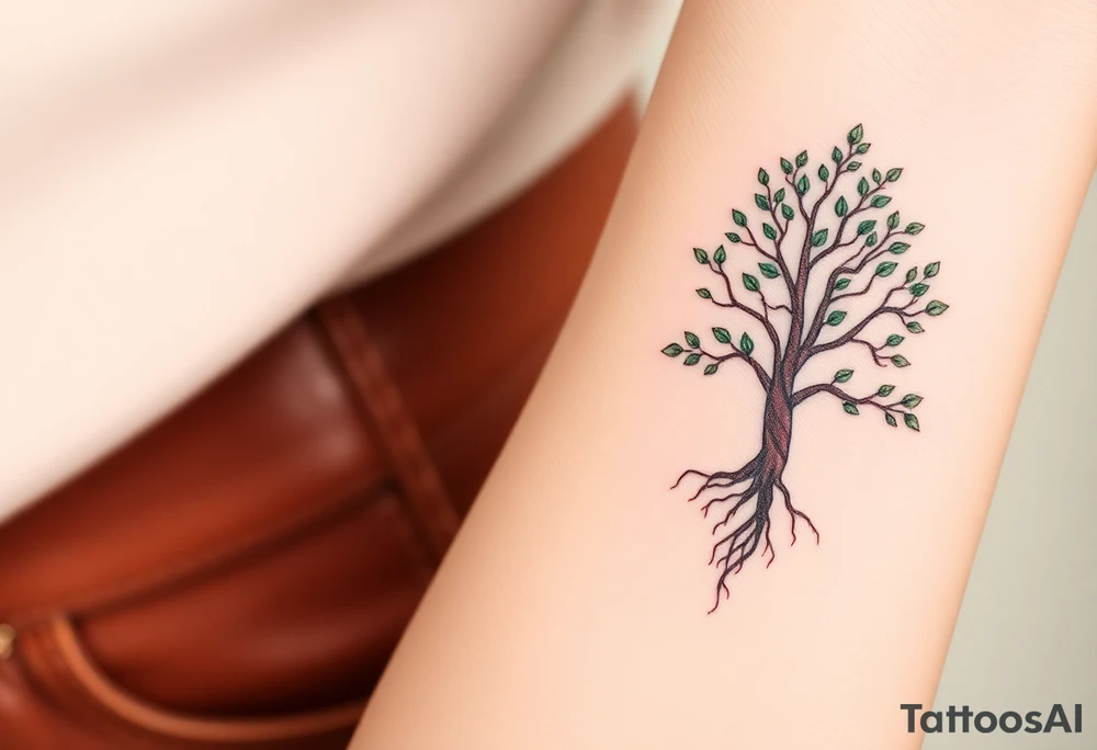 Two matching tree tattoos, one larger and one smaller, in rich earthy browns and deep green leaves, symbolizing family roots tattoo idea