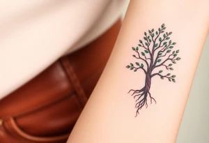 Two matching tree tattoos, one larger and one smaller, in rich earthy browns and deep green leaves, symbolizing family roots tattoo idea