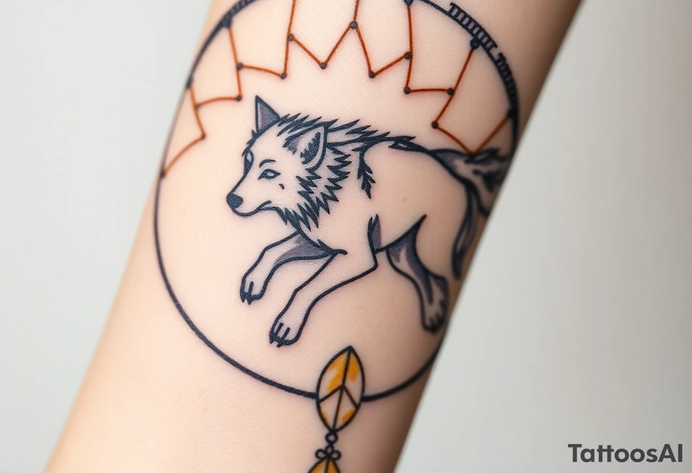 A wolf running through a dreamcatcher, with dreamcatcher threads trailing behind it, giving a sense of movement. The wolf is painted in silver and white, and the threads are in golden yellow and purple. tattoo idea
