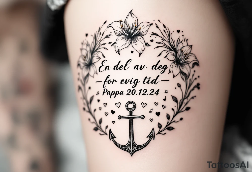 «En del av deg for evig tid
Pappa 20.12.24» Surrounded by long gladiolus, hearts, notes and an anchor tattoo idea