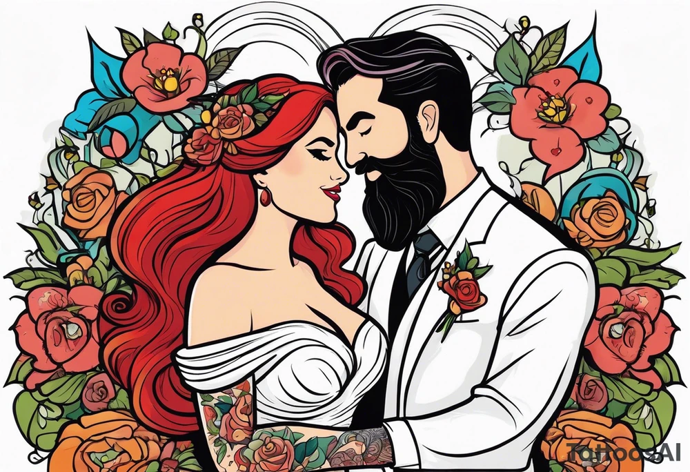 Busty red haired woman and a bearded man with black hair getting married tattoo idea