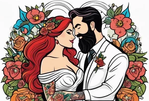 Busty red haired woman and a bearded man with black hair getting married tattoo idea