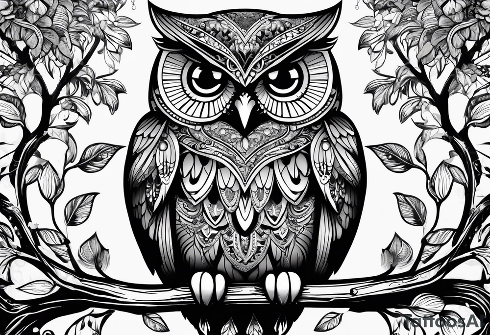 “A wise owl perched on a branch, with large, expressive eyes and intricate feather patterns, representing wisdom tattoo idea