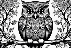 “A wise owl perched on a branch, with large, expressive eyes and intricate feather patterns, representing wisdom tattoo idea