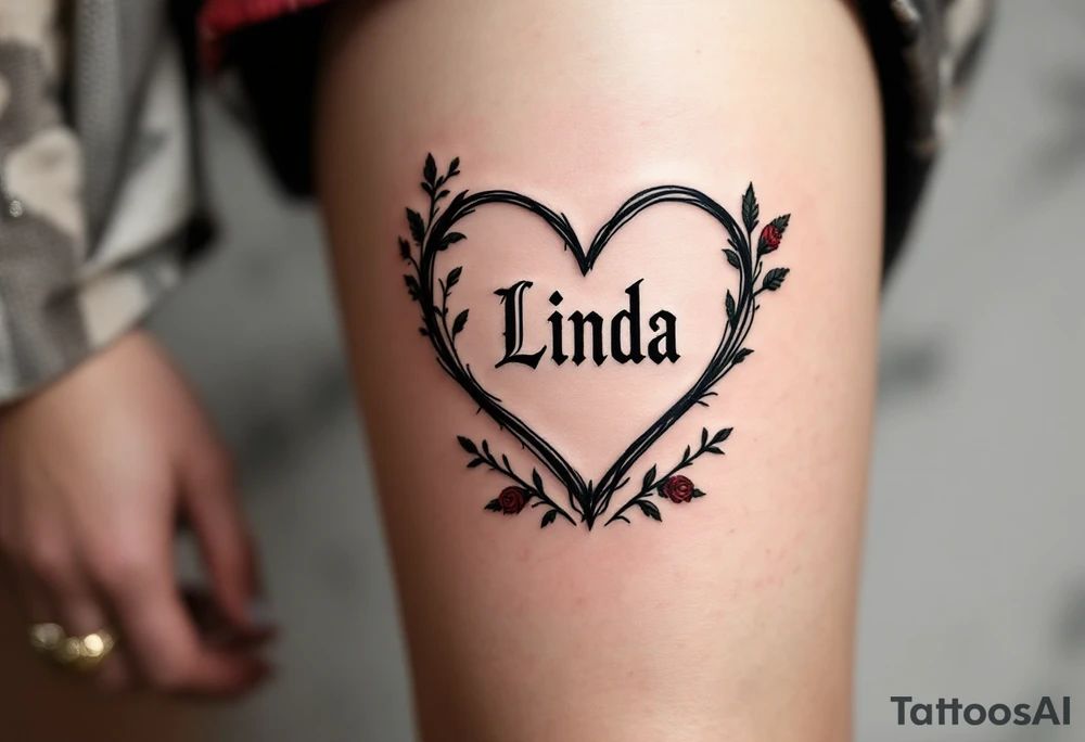 A vintage heart with bold black outlines, with name "Linda" in a traditional font, surrounded by small red roses and green leaves for a timeless look. tattoo idea