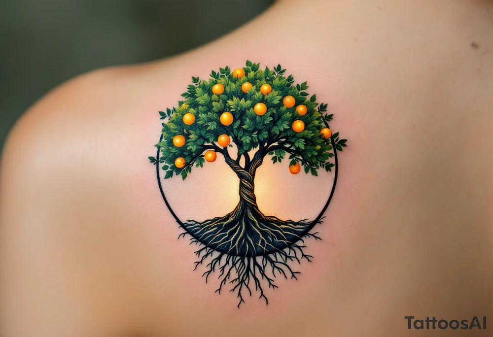 A forest green tree of life inside a round frame of braided roots and glowing amber fruits. tattoo idea