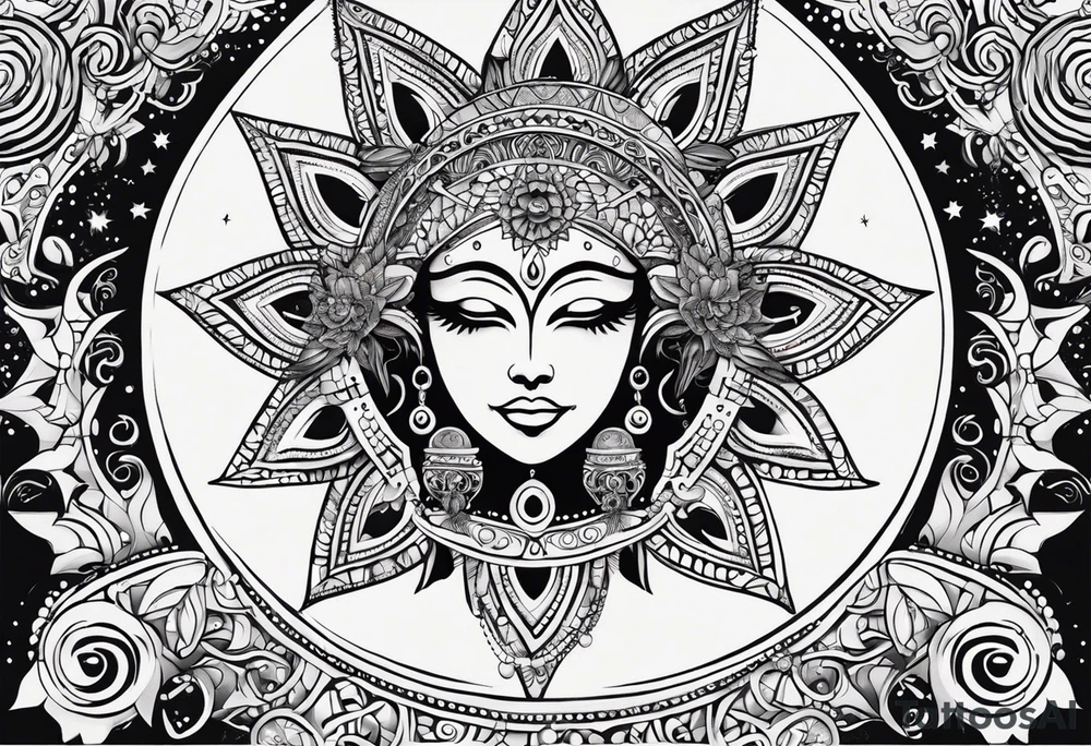 Mexican feminine alien Sun and moon. Freeform rectangular sternum swirls with dots and stars tattoo idea