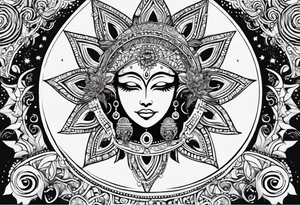 Mexican feminine alien Sun and moon. Freeform rectangular sternum swirls with dots and stars tattoo idea