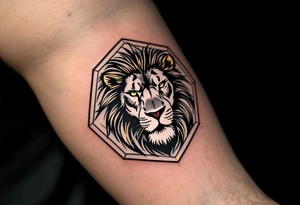 A Czech lion inside a hexagonal frame, combining realism and modern minimalism, with subtle gold highlights. tattoo idea