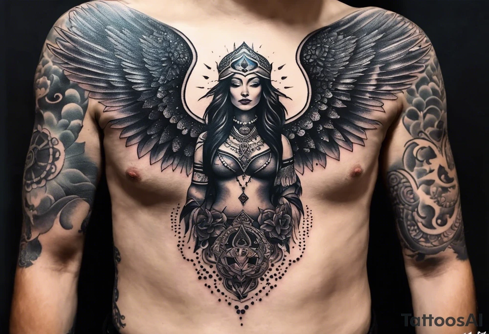 black kali, goddess pirate, alien, angel, pachamama, valkrye, warrior, flying, skull, lotus azul, wing, eagle, zenza resonance, stars, 5D, anahata chakra, death, durga, riding on a tiger, flying lady, chest tatoo tattoo idea