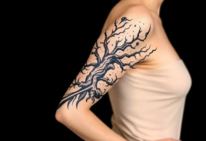 right arm sleeve, tree branch made of stone, clouds and lightning mixed throughout, tattoo idea