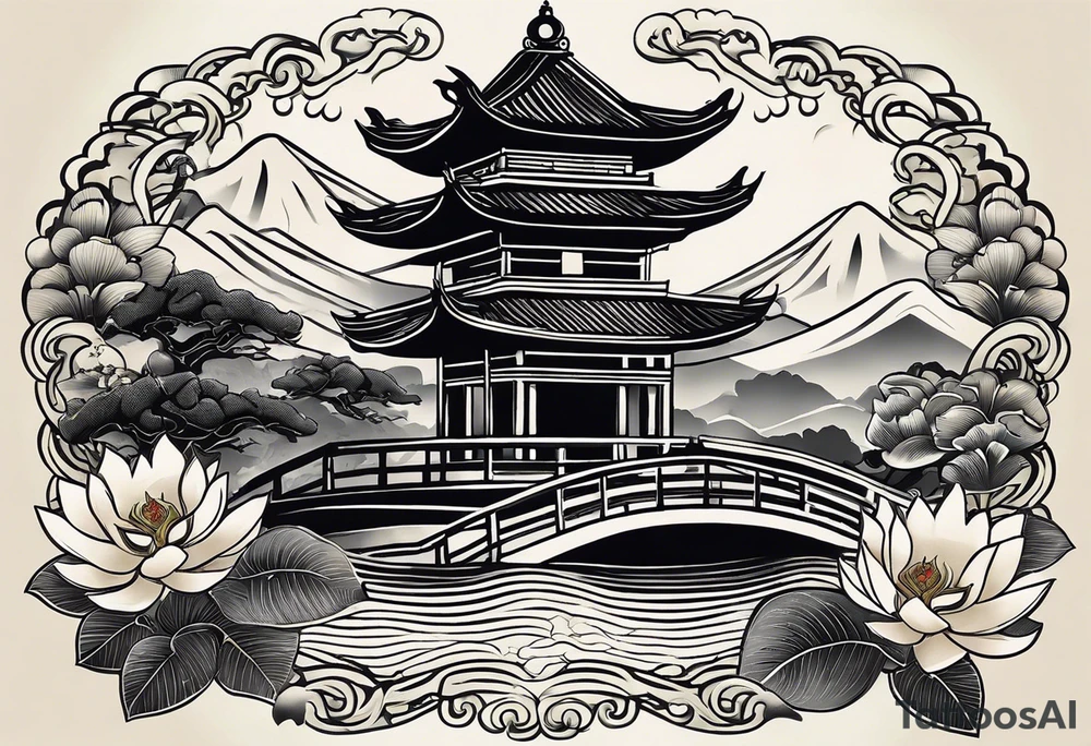 A black Vietnamese tattoo design featuring intricate depictions of sacred animals like the dragon and turtle intertwined with majestic mountains and lush rice fields. Incorporate iconic elements such as the conical straw hat floating above, surrounded by blooming lotus flowers and traditional silk lanterns. The tattoo reflects the essence of Vietnam's breathtaking nature, with swirling mist and flowing water elements woven into the composition, merging traditional artistry with a modern flair. Use a color palette that evokes the lush greens of the countryside and the warm tones of sunset. tattoo idea