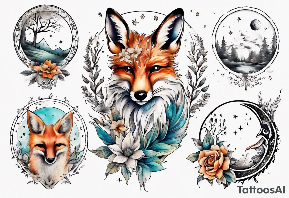wasser sonne und mond fuchs eule kolibri wald hirsch blume des lebens tattoo idea