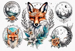 wasser sonne und mond fuchs eule kolibri wald hirsch blume des lebens tattoo idea