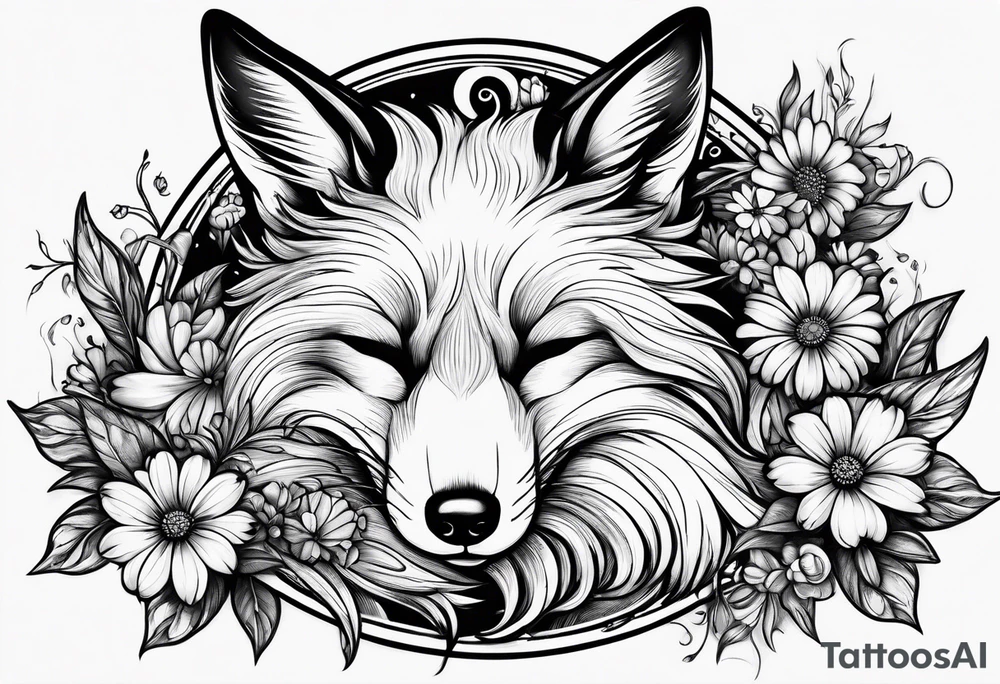Creepy evil fox sleeping daisies tattoo idea