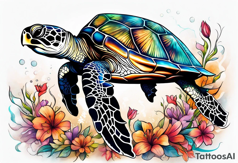 sea turtle, flower tattoo idea