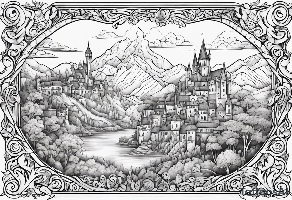 medieval tribal city
floral land sky vignette tattoo idea