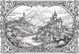 medieval tribal city 
floral  land sky vignette tattoo idea
