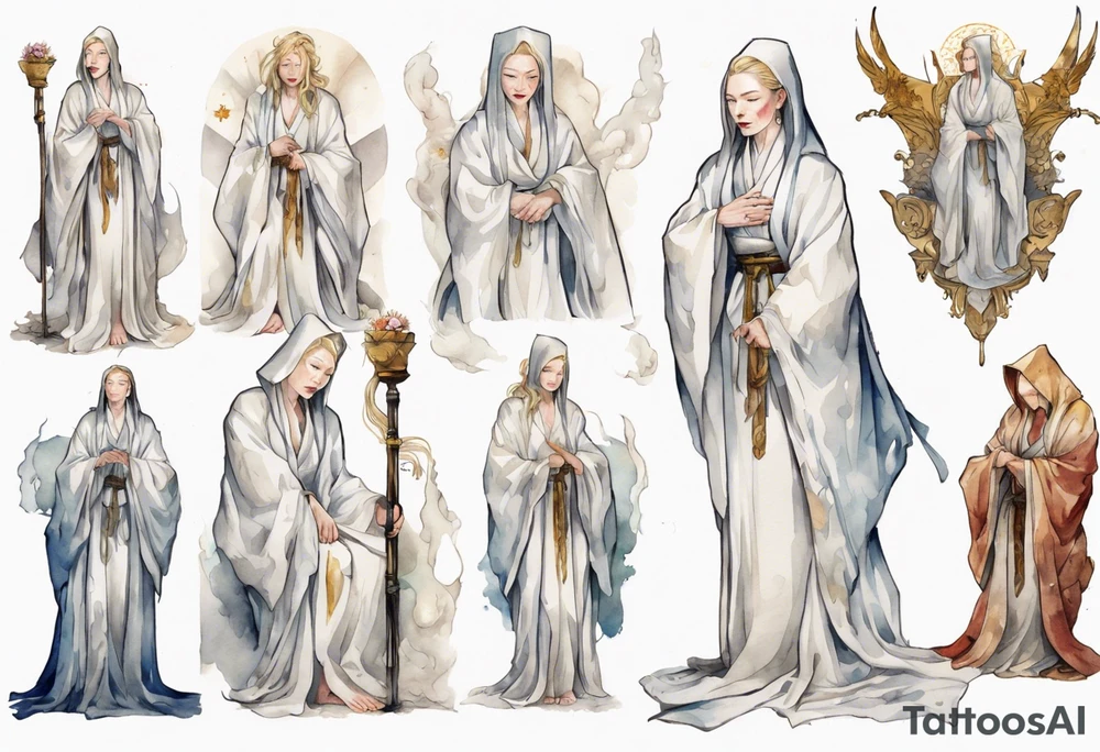 medieval Cate Blanchett dressed in white robes, weeping on throne tattoo idea