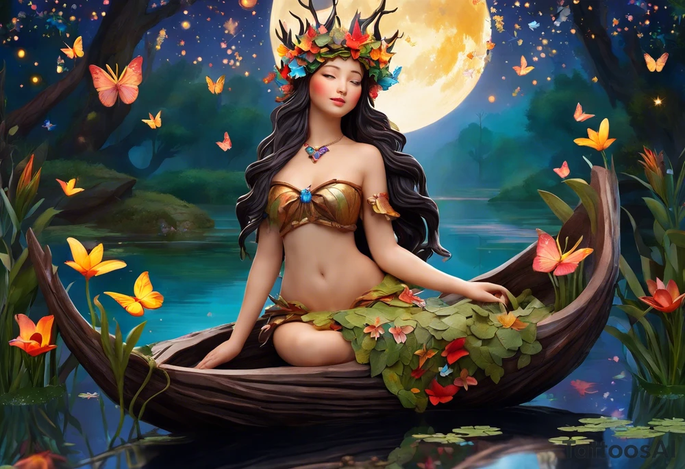 Wood nymph made or bark and branches. She is wearing a crown made of butterflies and has a pond and lilies near her feet with colorful vegetation. She is holding her arms upright and has her hands cupped above her head. Above her hands she has the moon, stars, and sun. The moon, stars, and sun have a flower accent. tattoo idea