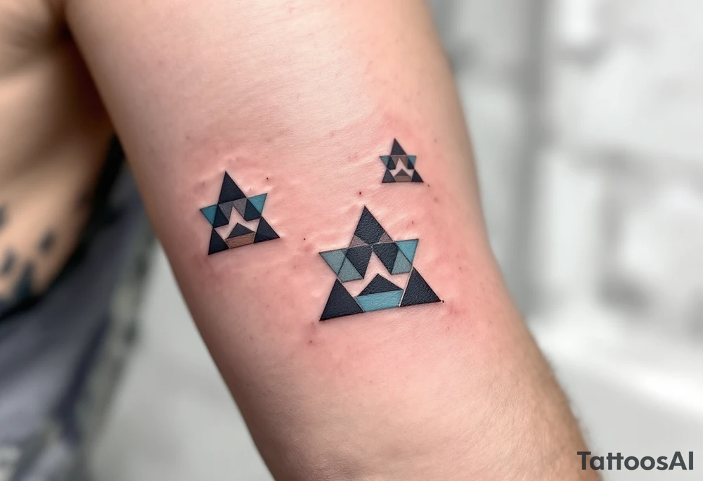 Geometric Paw Print Trail – Each paw rendered in sharp geometric lines and triangles, with black, gray, and muted blue filling, giving a modern abstract style. tattoo idea