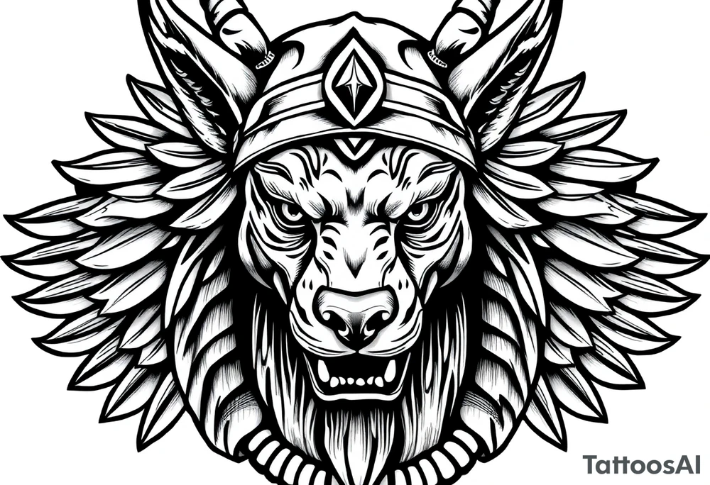 Egyptian Anubis god powerful face muscle in Egypt style with mantle on head dog face surrounded Egyptian symbols tattoo idea