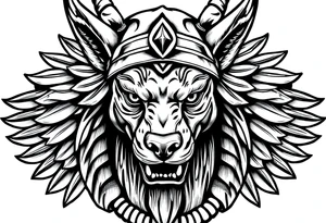 Egyptian Anubis god powerful face muscle in Egypt style with mantle on head dog face surrounded Egyptian symbols tattoo idea