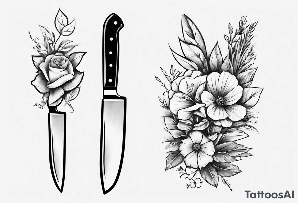 chef knife with flowers on the blade tattoo idea