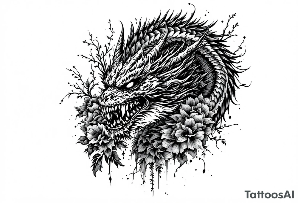 scary dragon face down with flowers tattoo idea