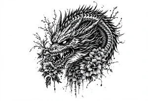 scary dragon face down with flowers tattoo idea