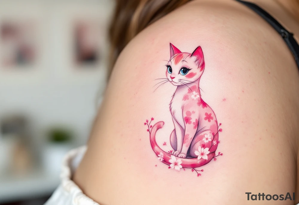 Marie the cat from The Aristocats in a delicate watercolor style, with soft pinks and whites, sitting gracefully among blooming cherry blossoms. tattoo idea