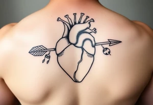 anatomical heart pierced by ornate arrow with flowing ribbons tattoo idea