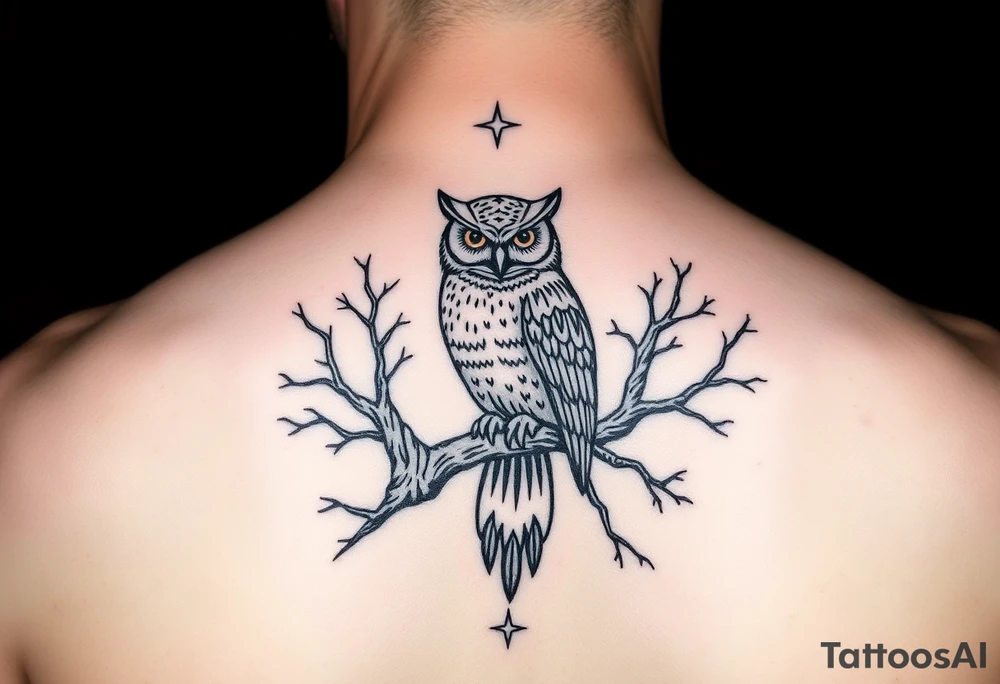 wise owl perched on ancient oak branch under starlit sky tattoo idea