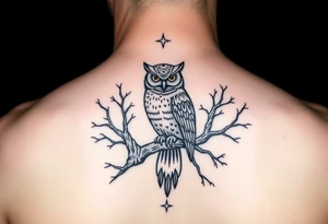 wise owl perched on ancient oak branch under starlit sky tattoo idea