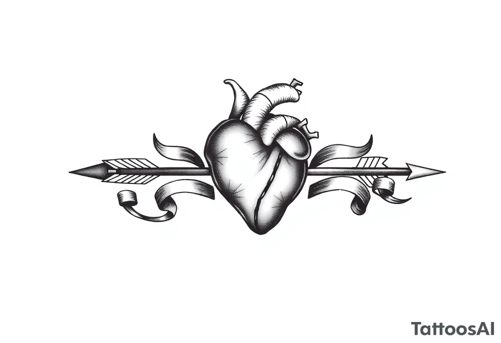 anatomical heart pierced by ornate arrow with flowing ribbons tattoo idea