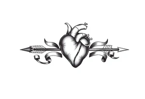 anatomical heart pierced by ornate arrow with flowing ribbons tattoo idea