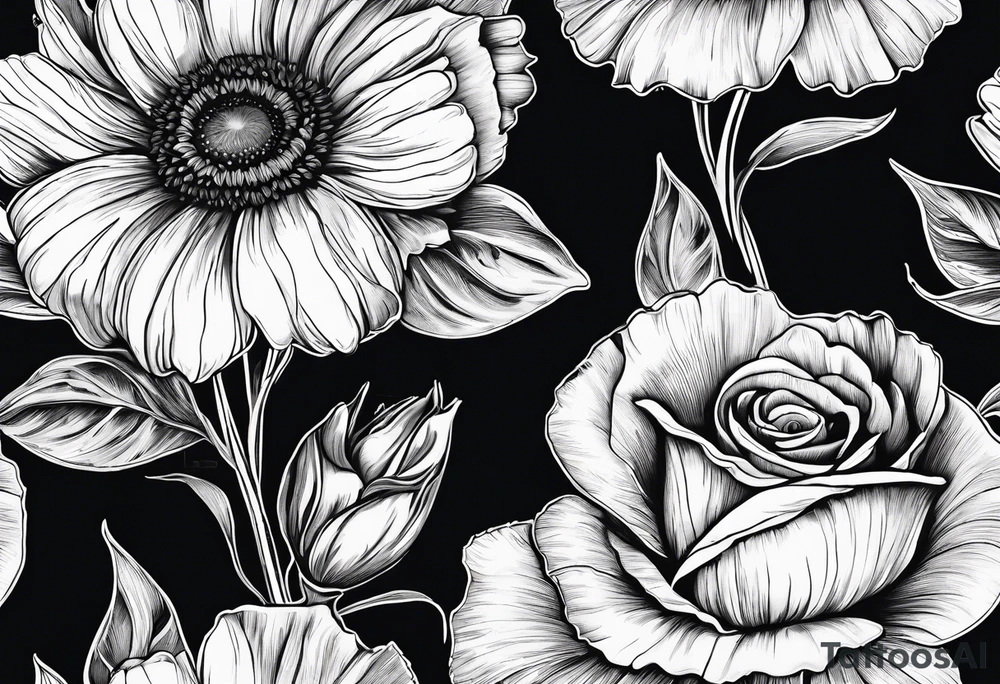 A single daisy and a rose with poppies and gladiolus flowers weaving through the daisy and rose tattoo idea