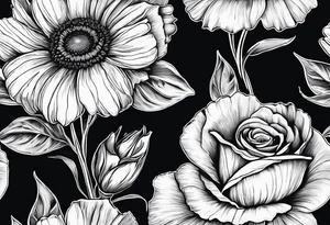 A single daisy and a rose with poppies and gladiolus flowers weaving through the daisy and rose tattoo idea