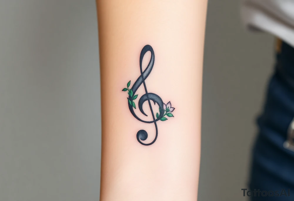 A treble clef with intricate floral vines, wrapping around the staff in soft green and lavender tones tattoo idea