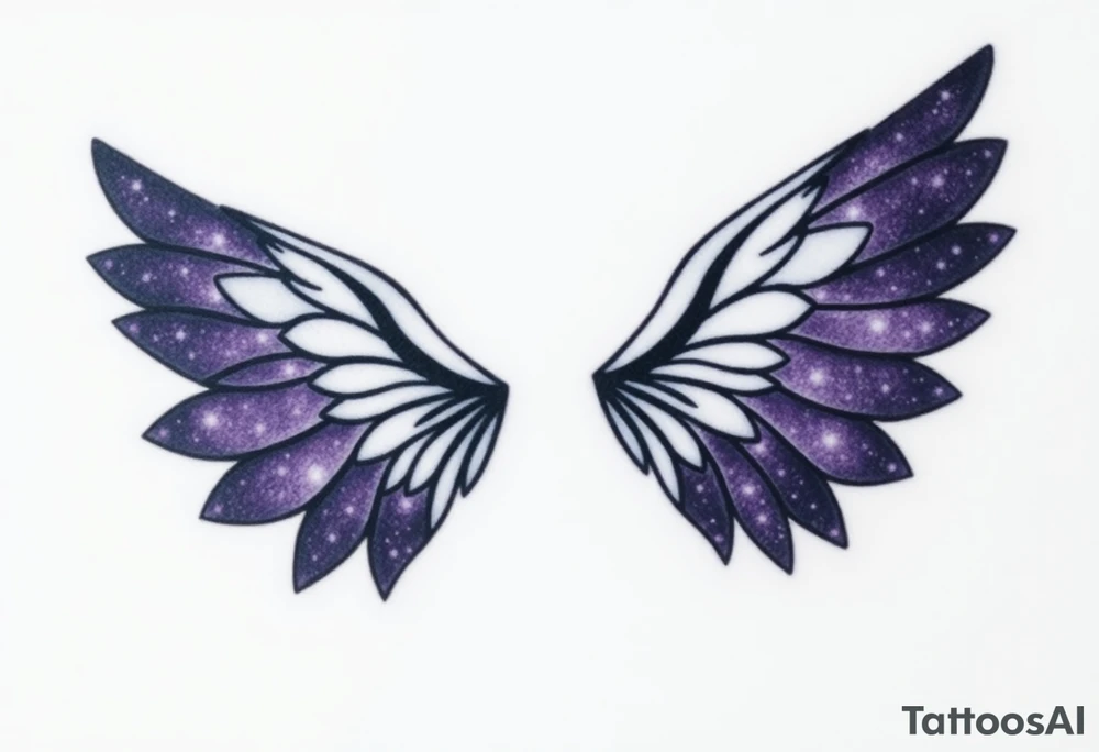 A dark angel with starry wings, the edges of the wings have galaxies within them, deep black and purple hues glowing with specks of white. tattoo idea