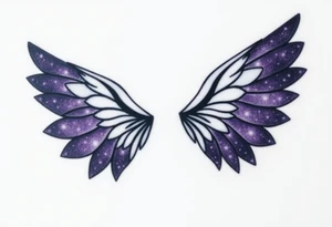 A dark angel with starry wings, the edges of the wings have galaxies within them, deep black and purple hues glowing with specks of white. tattoo idea