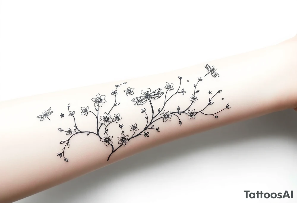 full arm thick vines with small mystical flowers, dragonflies, stars, celestial moon tattoo idea