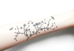 full arm thick vines with small mystical flowers, dragonflies, stars, celestial moon tattoo idea