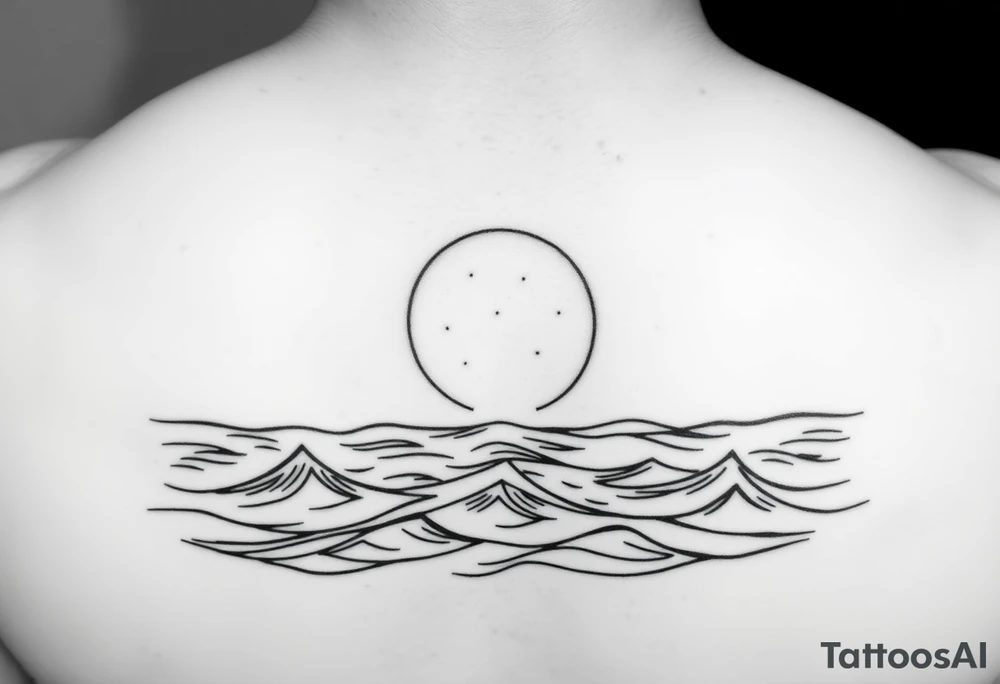 Black and white tattoo design, marine theme. Calm sea waves with a clear horizon line. Above the horizon, a large sun or moon glowing softly, with subtle Norse runes (Algiz, Raido) blended into the light. Minimalistic, elegant, not aggressive, not too masculine or feminine. Line art style, suitable for forearm tattoo. tattoo idea