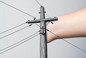 a wooden 12kv distribution pole with electrical lines. Make the pole a cross that has a hidden resemblance to god. tattoo idea