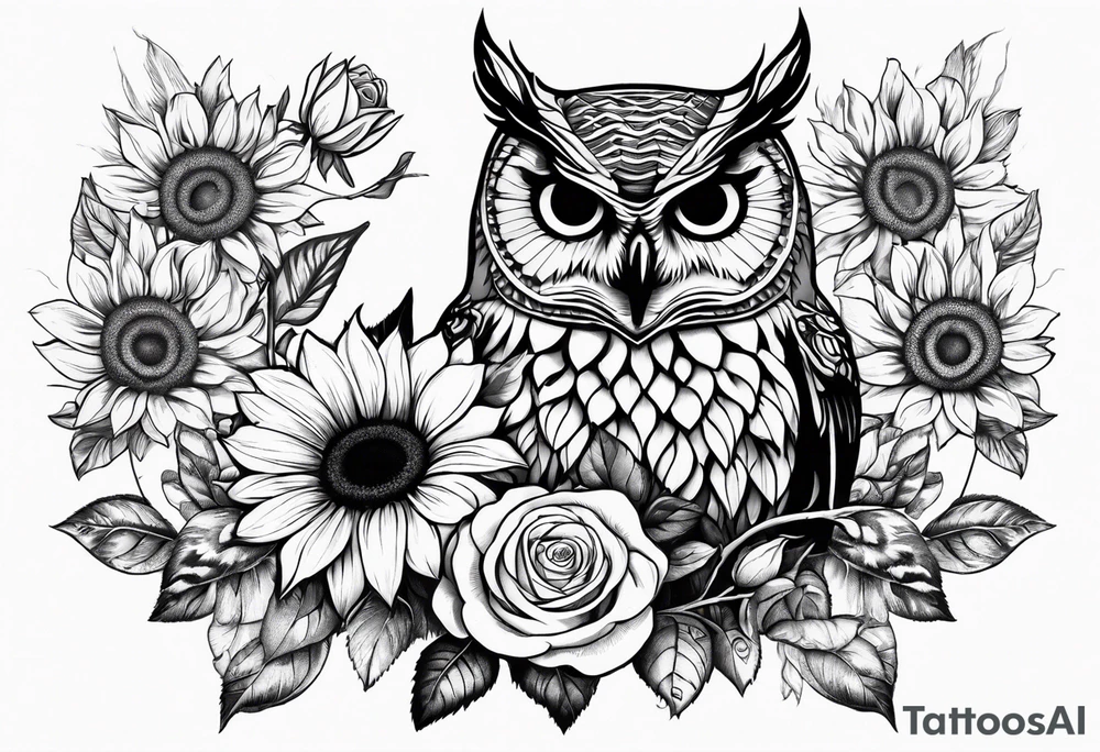 Sunflower and rose flower, owl tattoo idea