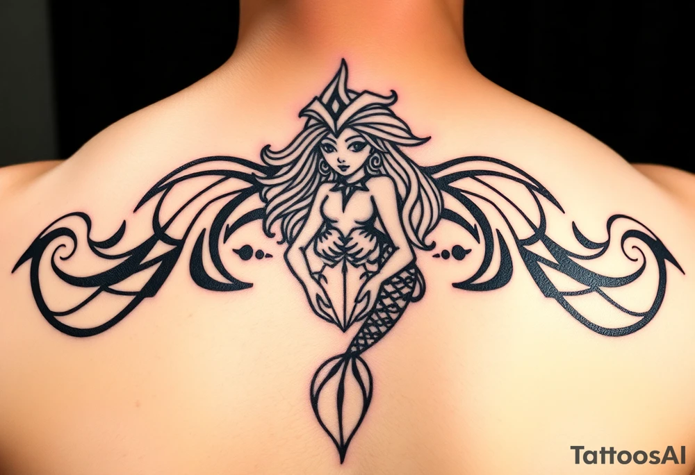 Mermaid tattoo full body soft face light grainy holding a shell in hand tattoo idea
