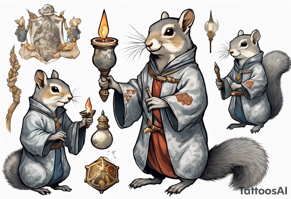 a grey squirrel dressed in a medieval tunic holding a silver wizard's staff tattoo idea