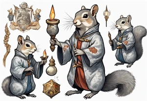a grey squirrel dressed in a medieval tunic holding a silver wizard's staff tattoo idea